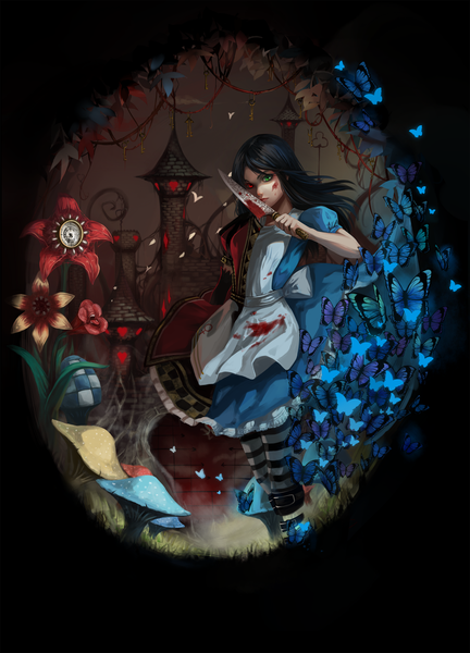 Anime picture 1439x2000 with american mcgee's alice (game) alice: madness returns alice (american mcgee's) mua (artist) long hair tall image looking at viewer black hair red eyes green eyes heterochromia girl dress flower (flowers) plant (plants) pantyhose insect butterfly blood apron