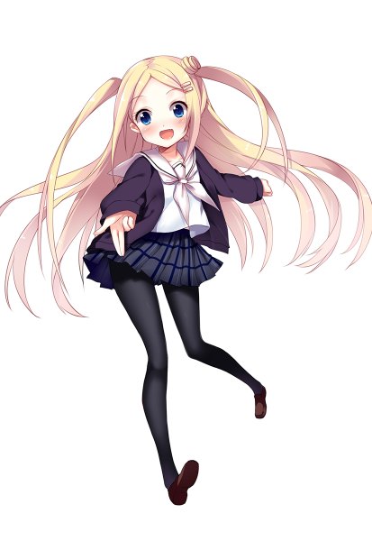 Anime picture 826x1200 with hanayamata madhouse hana n. fontainestand aixioo long hair tall image looking at viewer blush open mouth blue eyes blonde hair simple background white background girl skirt uniform school uniform pantyhose black pantyhose