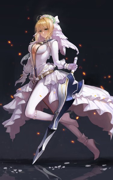 Anime picture 1836x2926 with fate (series) fate/grand order fate/extra fate/extra ccc nero claudius (fate) (all) nero claudius (bride) (fate) kirbyheimi single tall image looking at viewer blush fringe highres short hair breasts light erotic blonde hair simple background smile holding