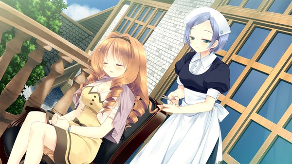 Anime picture 1280x720 with gangsta alcadia koga yutori manabe ritsuko miyasu risa long hair short hair brown hair wide image sitting multiple girls green eyes blue hair game cg eyes closed maid drill hair sleeping girl dress 2 girls