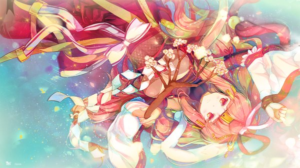 Anime picture 1820x1024 with puzzle & dragons heco (mama) single long hair looking at viewer highres wide image pink hair traditional clothes pink eyes girl dress hair ornament flower (flowers) bow petals branch