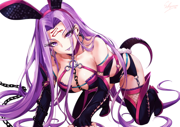 Anime picture 1556x1100 with fate (series) fate/grand order fate/stay night rider sakiyamama single looking at viewer breasts light erotic simple background smile large breasts white background purple eyes bare shoulders animal ears payot cleavage purple hair tail