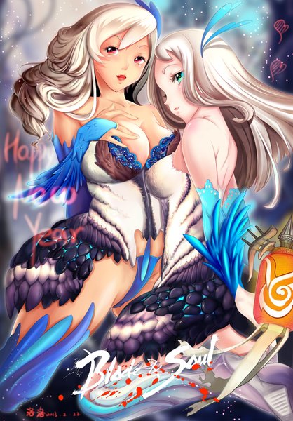 Anime picture 3000x4306 with blade & soul lolo (artist) long hair tall image looking at viewer blush highres breasts open mouth blue eyes light erotic red eyes large breasts multiple girls silver hair white hair girl 2 girls