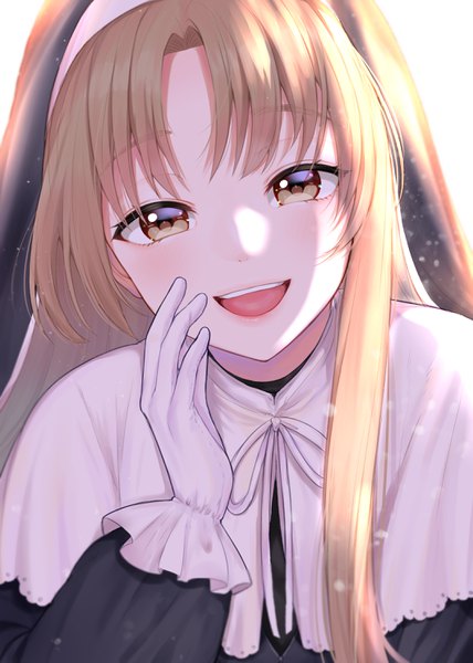 Anime picture 2122x2976 with virtual youtuber nijisanji sister cleaire mizuiro 32 single long hair tall image looking at viewer highres open mouth brown hair brown eyes upper body :d shaded face nun girl gloves white gloves habit