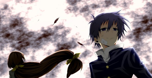 Anime picture 1500x768 with medaka box gainax ajimu najimi kumagawa misogi kiriya black long hair short hair black hair brown hair wide image looking away cloud (clouds) very long hair black eyes bandaid on face girl boy uniform bow hair bow