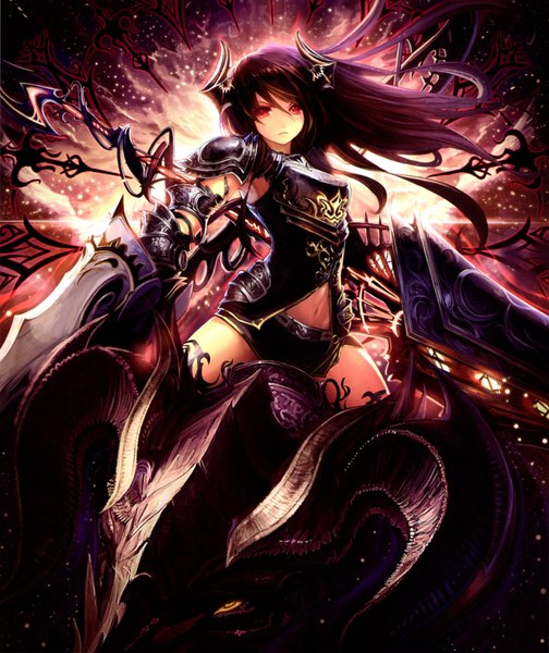Anime picture 3666x4368 with shingeki no bahamut tachikawa mushimaro (bimo) single long hair tall image looking at viewer highres black hair red eyes absurdres horn (horns) scan fantasy girl weapon dragon spear armored dress