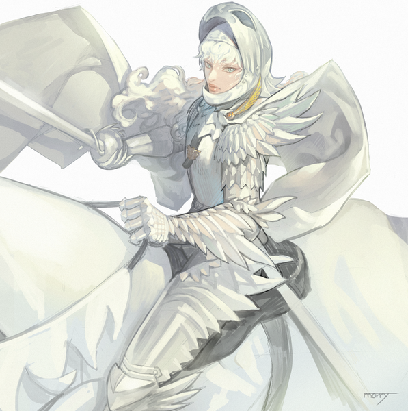 Anime picture 994x1000 with berserk griffith morry single long hair tall image looking at viewer blue eyes simple background white background signed white hair wind lips riding boy weapon animal armor cape