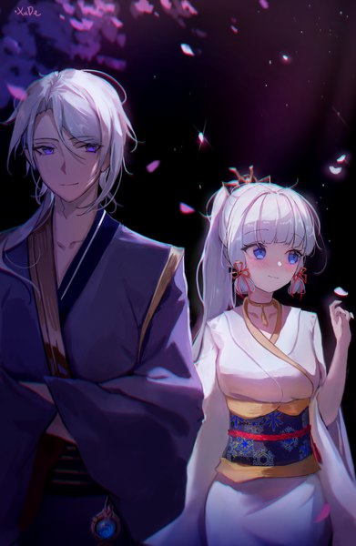 Anime picture 2363x3630 with genshin impact kamisato ayaka kamisato ayato xude long hair tall image blush fringe highres blue eyes smile purple eyes signed looking away silver hair ponytail blunt bangs traditional clothes japanese clothes embarrassed