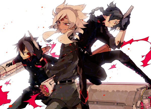 Anime picture 1382x998 with inazuma eleven mistorene callus badarp slead esca bamel suou black hair simple background red eyes white background white hair tattoo grin dark skin facial mark spiked hair boy gloves uniform weapon boots