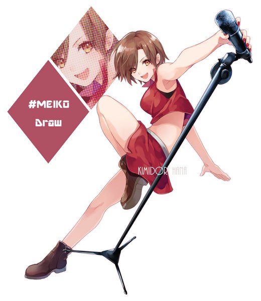Anime picture 1040x1200 with vocaloid meiko hana (mew) single tall image looking at viewer short hair open mouth simple background brown hair white background brown eyes signed full body bent knee (knees) bare legs midriff character names spread arms zoom layer