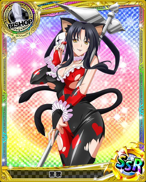 Anime picture 640x800 with highschool dxd kuroka (high school dxd) single long hair tall image looking at viewer breasts light erotic black hair animal ears yellow eyes tail animal tail cat ears cat girl cat tail torn clothes card (medium) girl weapon