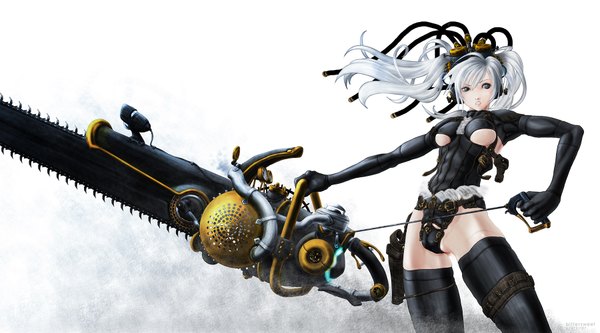 Anime picture 1800x1000 with original bitter sweet (artist) single long hair highres breasts light erotic wide image white hair black eyes girl thighhighs black thighhighs wire (wires) chainsaw