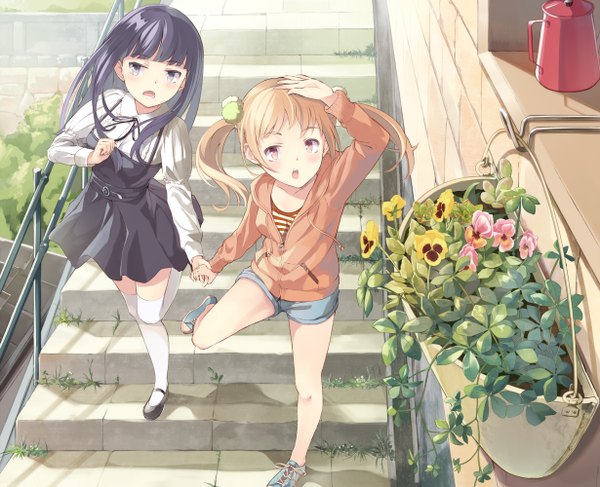 Anime picture 1230x1000 with original supertie long hair blush open mouth black hair blonde hair twintails multiple girls grey eyes girl thighhighs dress flower (flowers) 2 girls white thighhighs shorts stairs