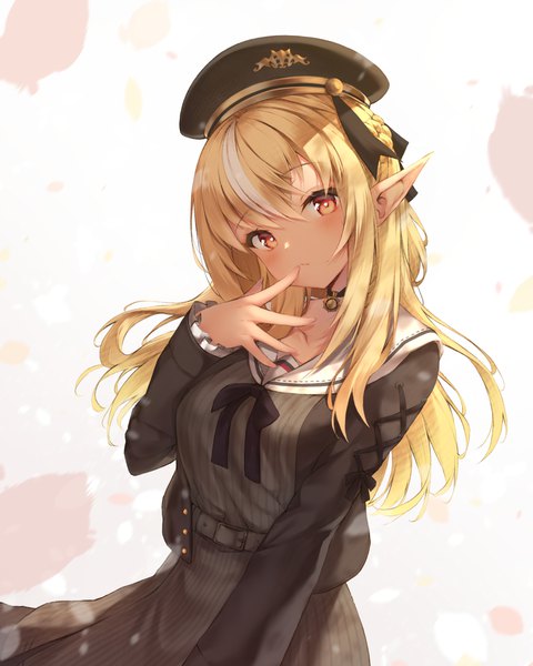 Anime picture 2100x2625 with virtual youtuber hololive shiranui flare shiranui flare (3rd costume) ijac ray single long hair tall image looking at viewer highres blonde hair red eyes head tilt multicolored hair pointy ears streaked hair official alternate costume dark skin finger to mouth sailor collar