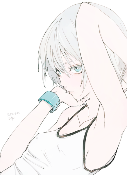 Anime picture 999x1369 with original teyuruun single tall image looking at viewer short hair simple background white background signed silver hair aqua eyes armpit (armpits) girl bracelet