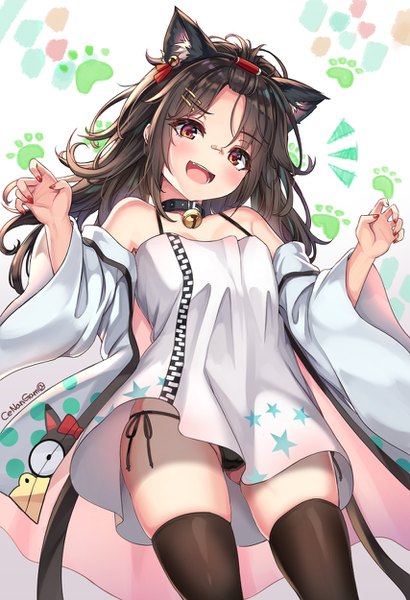 Anime picture 854x1250 with girls frontline c-ms (girls frontline) cenangam single long hair tall image looking at viewer blush fringe open mouth light erotic black hair simple background smile red eyes standing signed animal ears nail polish head tilt