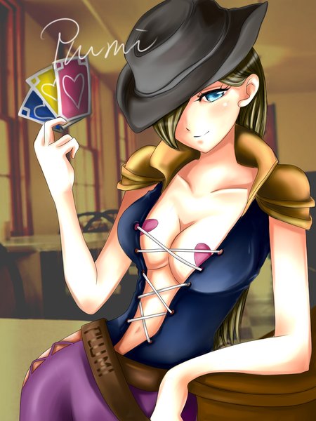 Anime picture 1500x2000 with league of legends twisted fate (league of legends) single long hair tall image looking at viewer fringe breasts blue eyes light erotic large breasts cleavage green hair light smile hair over one eye genderswap hat over eyes girl navel hat