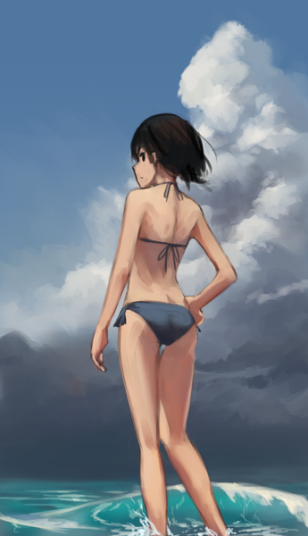 Anime picture 600x1043 with original cacao choco mame single tall image short hair light erotic black hair standing bare shoulders sky cloud (clouds) bent knee (knees) ass profile looking back barefoot wind bare legs hand on hip partially submerged