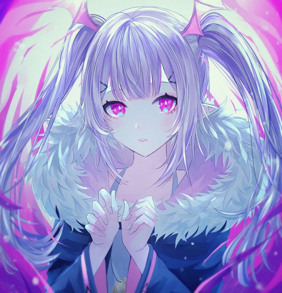 Anime picture 1444x1500 with arknights manticore (arknights) seia (tikxxx) single long hair tall image looking at viewer fringe twintails payot silver hair upper body blunt bangs pink eyes pointy ears fur trim girl fur