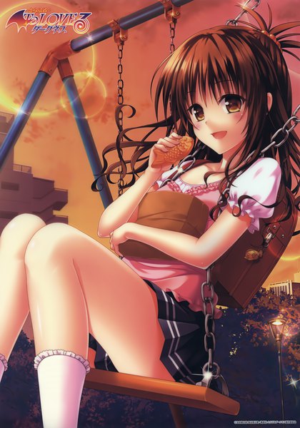 Anime picture 2777x3962 with toloveru toloveru darkness xebec yuuki mikan yabuki kentarou single long hair tall image blush highres open mouth smile brown hair sitting brown eyes looking away bent knee (knees) outdoors pleated skirt scan