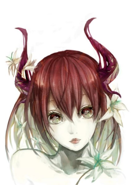 Anime picture 709x1001 with original cham single tall image looking at viewer fringe short hair red eyes white background bare shoulders red hair hair flower horn (horns) portrait demon girl pale skin girl hair ornament flower (flowers)