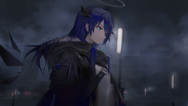 Anime picture 1500x844 with arknights mostima (arknights) huanxiang heitu single long hair blue eyes wide image blue hair looking away upper body horn (horns) official art girl jacket halo lamppost