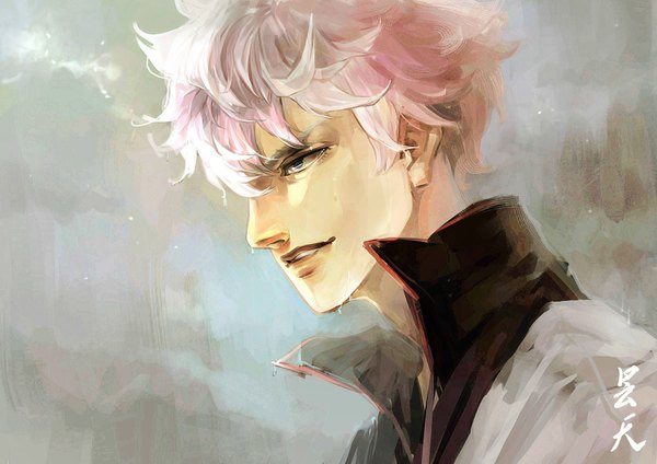 Anime picture 3507x2480 with gintama sunrise (studio) sakata gintoki oreki genya highres short hair simple background smile looking away absurdres silver hair traditional clothes japanese clothes profile inscription wet grey eyes smirk boy