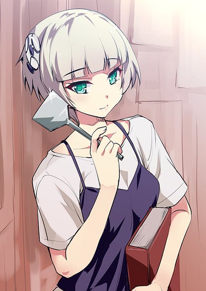 Anime picture 566x800 with re:creators meteora osterreich kouki kuu (artist) single tall image looking at viewer blush fringe short hair breasts standing twintails holding upper body white hair indoors blunt bangs head tilt aqua eyes light smile