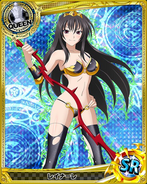 Anime picture 640x800 with highschool dxd raynare (dxd) single long hair tall image light erotic black hair red eyes card (medium) girl thighhighs navel hair ornament weapon black thighhighs swimsuit bikini torn thighhighs