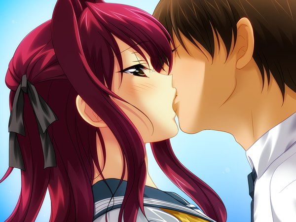 Anime picture 1280x960 with hoka no otoko no seieki o nagashikomareru watashi (game) long hair blush yellow eyes game cg red hair kiss girl boy ribbon (ribbons) hair ribbon