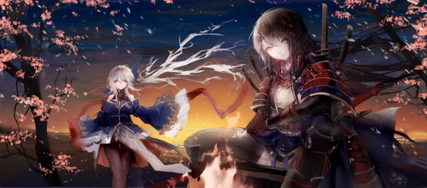 Anime picture 2952x1301 with original pixiv fantasia pixiv fantasia t arcana (pixiv fantasia t) elina griffintil sa'yuki long hair looking at viewer fringe highres light erotic black hair hair between eyes wide image sitting twintails multiple girls yellow eyes payot sky