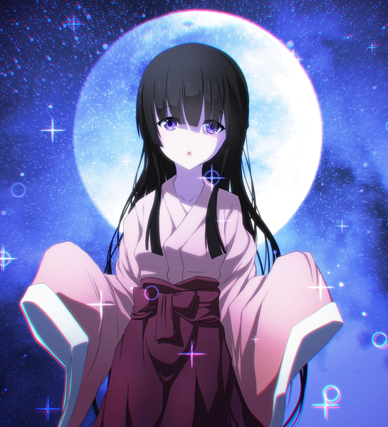Anime picture 1500x1652 with touhou houraisan kaguya aono meri single long hair tall image looking at viewer fringe open mouth black hair long sleeves traditional clothes wide sleeves shadow anaglyph white skin constellation girl moon star (stars)