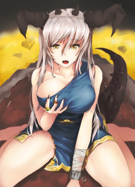 Anime picture 1800x2500 with original bbayu single long hair tall image looking at viewer highres breasts open mouth light erotic hair between eyes large breasts yellow eyes tail horn (horns) grey hair spread legs breast grab monster girl girl