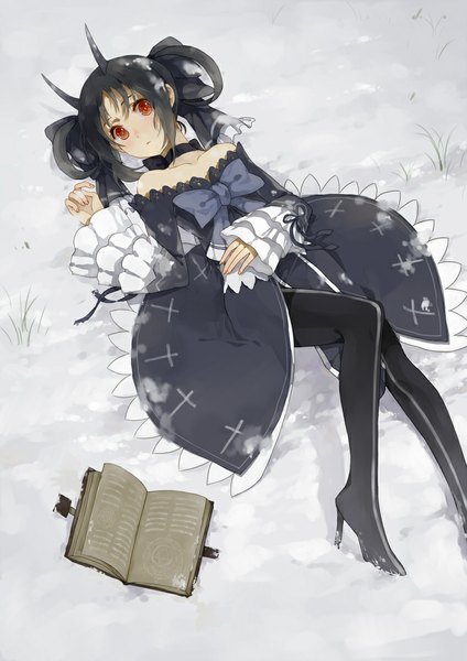 Anime picture 777x1100 with original pixiv fantasia haijin popoccpo single long hair tall image looking at viewer black hair red eyes twintails lying horn (horns) on back snowing winter snow oni horns girl dress