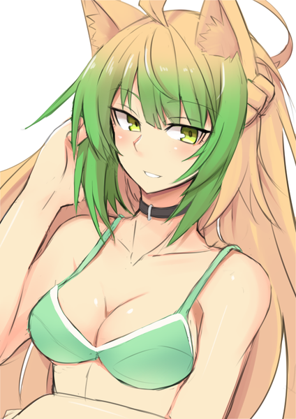 Anime picture 600x849 with fate (series) fate/grand order atalanta (fate) nahu single long hair tall image looking at viewer blush fringe breasts light erotic simple background blonde hair smile white background bare shoulders green eyes animal ears cleavage