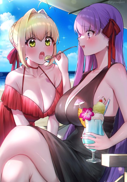 Anime picture 2801x4006 with fate (series) fate/extra fate/extra ccc nero claudius (fate) (all) nero claudius (fate) bb (fate) (all) bb (fate/extra) yayoi maka long hair tall image blush highres short hair breasts open mouth light erotic blonde hair large breasts standing sitting