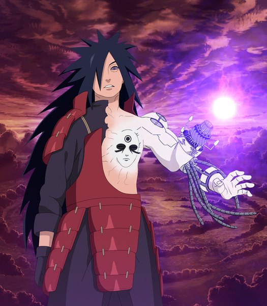 Anime picture 1032x1179 with naruto studio pierrot naruto (series) uchiha madara lo1000 single long hair tall image looking at viewer fringe black hair purple eyes sky cloud (clouds) parted lips hair over one eye torn clothes mechanical arms rinnegan boy