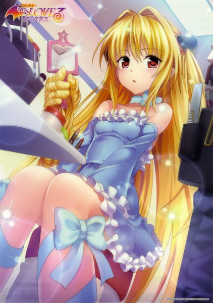 Anime-Bild 2777x3952 mit toloveru toloveru darkness xebec konjiki no yami single tall image blush highres open mouth blonde hair red eyes sitting looking away very long hair scan official art girl dress bow detached sleeves