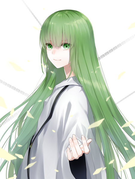 Anime picture 680x904 with fate (series) fate/grand order fate/strange fake enkidu (fate) waka (shark waka) single long hair tall image looking at viewer fringe simple background smile hair between eyes standing white background green eyes upper body blunt bangs fingernails green hair