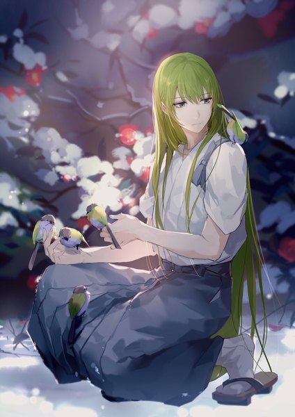 Anime picture 1448x2048 with fate (series) fate/strange fake enkidu (fate) rrr (reason) single tall image looking away very long hair traditional clothes japanese clothes green hair sunlight grey eyes winter snow squat animal on shoulder bird on hand bird on shoulder boy