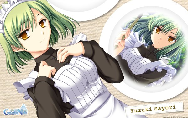 Anime picture 1680x1050 with concerto note (game) yuzuki sayori short hair wide image yellow eyes green hair maid girl