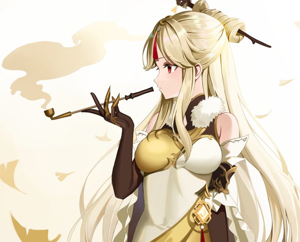 Anime picture 3500x2821 with genshin impact ningguang (genshin impact) re-leaf single long hair highres blonde hair red eyes looking away absurdres upper body traditional clothes profile chinese clothes smoke half updo girl gloves black gloves elbow gloves
