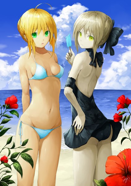 Anime picture 1240x1754 with fate (series) fate/stay night studio deen type-moon artoria pendragon (all) saber saber alter solru (tyappygain) long hair tall image looking at viewer breasts light erotic blonde hair multiple girls green eyes ahoge looking back grey hair bare belly