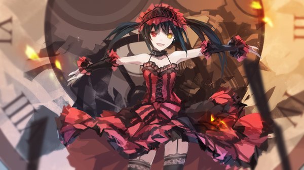 Anime picture 1890x1063 with date a live tokisaki kurumi swd3e2 single long hair looking at viewer highres open mouth black hair wide image twintails heterochromia girl thighhighs dress weapon black thighhighs detached sleeves frills headdress