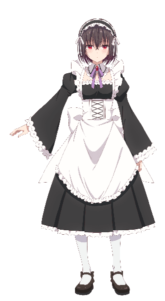 Anime picture 980x1780 with seiken gakuin no maken tsukai shary corvette shirley (seiken gakuin no maken tsukai) single tall image looking at viewer fringe short hair hair between eyes red eyes brown hair standing full body arm up official art maid transparent background expressionless girl uniform