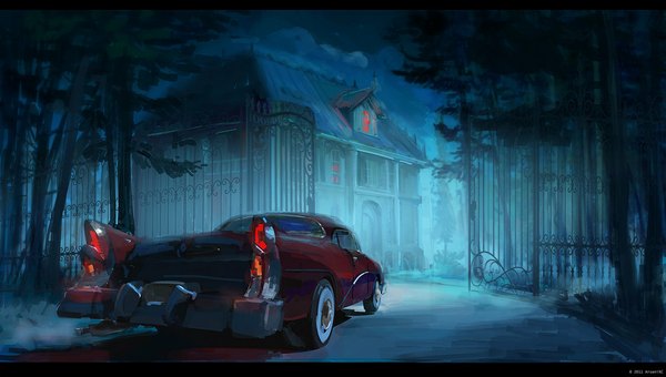Anime picture 1186x674 with original arsenixc wide image night no people gloom plant (plants) tree (trees) building (buildings) ground vehicle car house