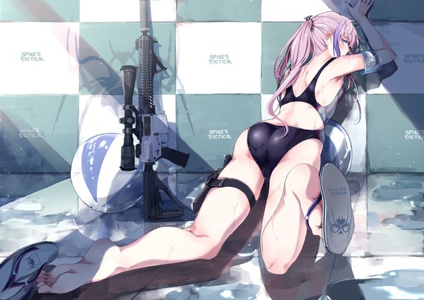 Anime-Bild 3541x2508 mit girls frontline st ar-15 (girls frontline) mishima hiroji single long hair looking at viewer blush fringe highres blue eyes light erotic pink hair absurdres full body bent knee (knees) ass profile looking back multicolored hair arm up