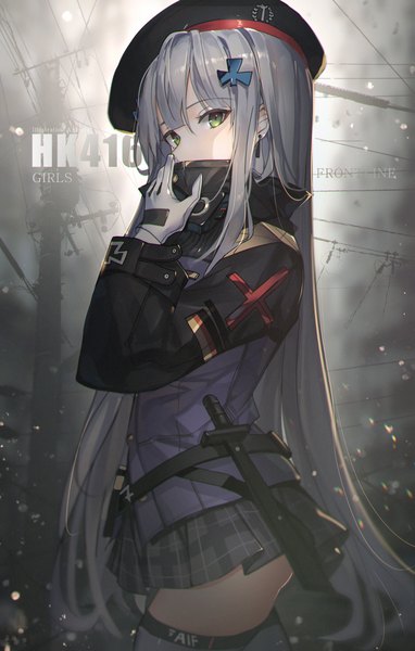 Anime picture 2500x3928 with girls frontline hk416 (girls frontline) unity (ekvmsp02) single long hair tall image looking at viewer fringe highres hair between eyes standing green eyes silver hair long sleeves pleated skirt copyright name character names plaid skirt covered mouth girl