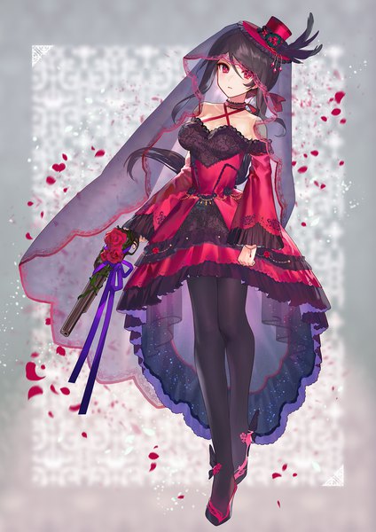 Anime picture 1360x1924 with food fantasy black tea (food fantasy) ainy single long hair tall image looking at viewer black hair red eyes bare shoulders payot full body low ponytail girl dress flower (flowers) hat petals pantyhose choker