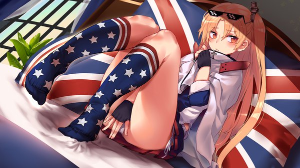 Anime picture 1750x985 with azur lane cleveland (azur lane) roten (rotenburo) single long hair blush highres light erotic blonde hair red eyes wide image sitting looking away one side up sunglasses on head star print flag print meme deal with it girl